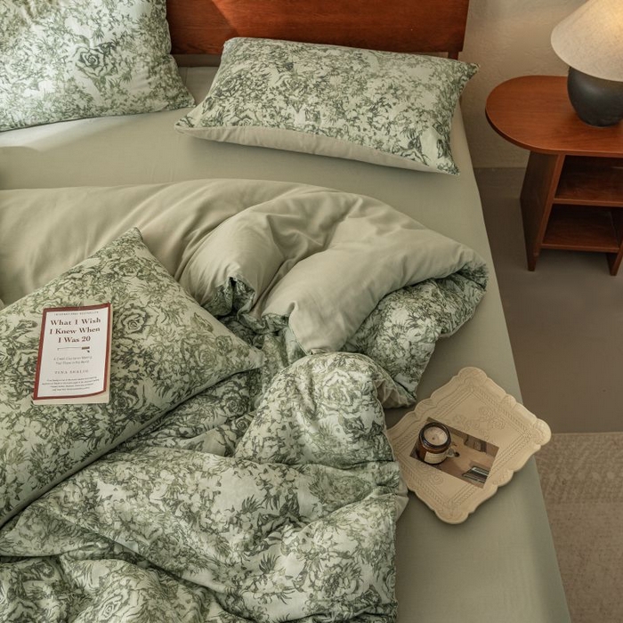 91家纺网 家纺一手货源 找家纺 2025新款40s全棉双层纱圆角吊边款四件套 莫奈-橄榄绿