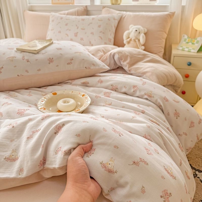 91家纺网 家纺一手货源 找家纺 2025新款40s全棉双层纱圆角吊边款四件套 初颜-粉