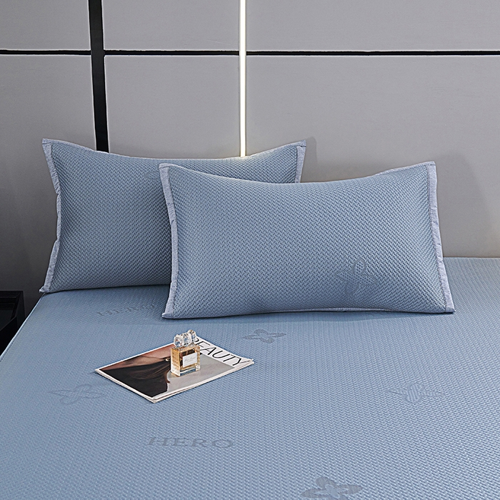 91家纺网 家纺一手货源 找家纺 梵克保罗 2025新款7A抗菌母婴级纯乙纶PE刺绣凉感丝豆豆席 床笠款 床笠款 四叶花-蓝