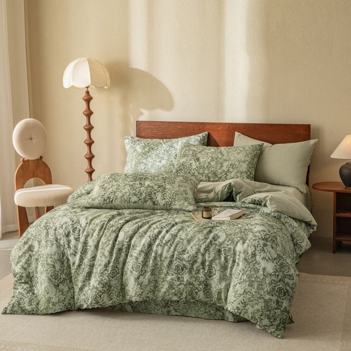 91家纺网 家纺一手货源 找家纺 2025新款40s全棉双层纱圆角吊边款四件套 莫奈-橄榄绿