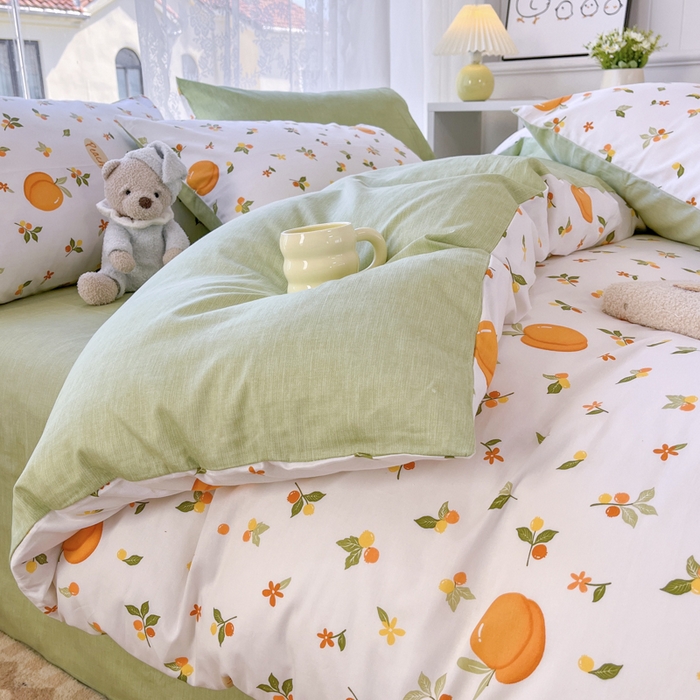 91家纺网 家纺一手货源 找家纺 世爵 2025新款全棉印花小清新套件系列-四件套 水蜜桃