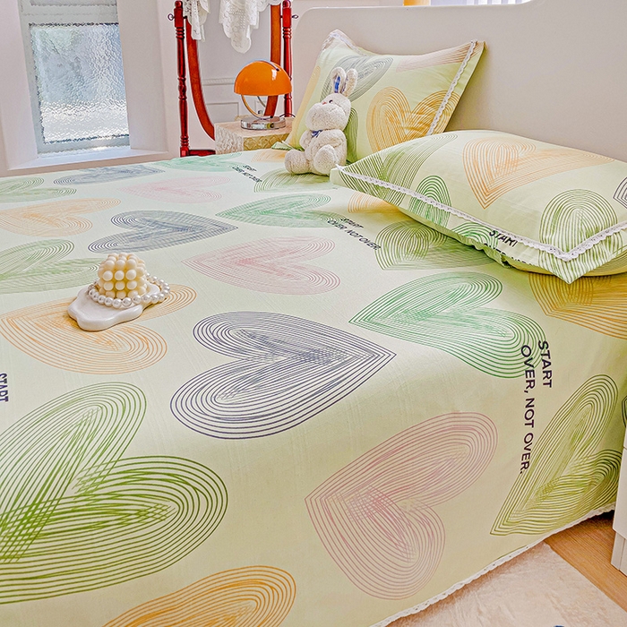 91家纺网 家纺一手货源 找家纺 梵克保罗 2025新款鱼骨棉老粗布凉席花边款床单三件套 心动-绿