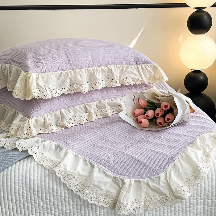 91家纺网 家纺一手货源 找家纺 沐纯家居 2025新款棉小乐花边床盖三件套 梦幻紫