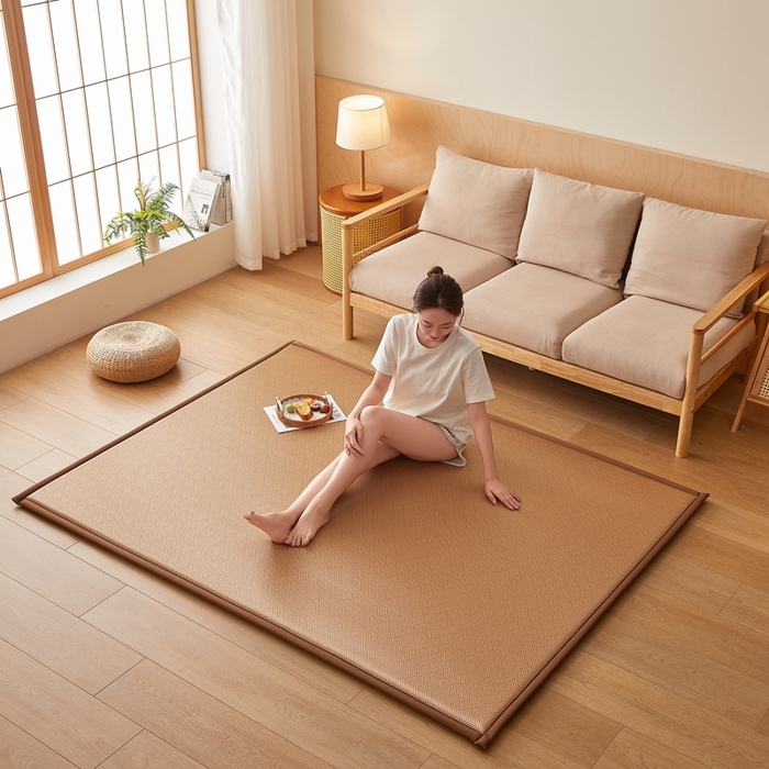 91家纺网 家纺一手货源 找家纺 2025新款包边工艺凉感冰藤地铺睡垫系列凉席地垫 冰丝饼干咖