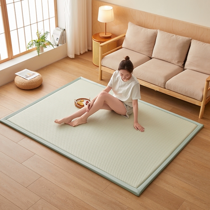 91家纺网 家纺一手货源 找家纺 2025新款包边工艺凉感冰藤地铺睡垫系列凉席地垫 凉豆豆绿