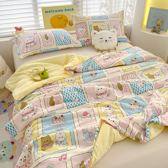 91家纺网 家纺一手货源 找家纺 星巴k家纺 2025新款A类水洗双层纱大豆纤维夏被夏凉被空调被 可爱猫咪