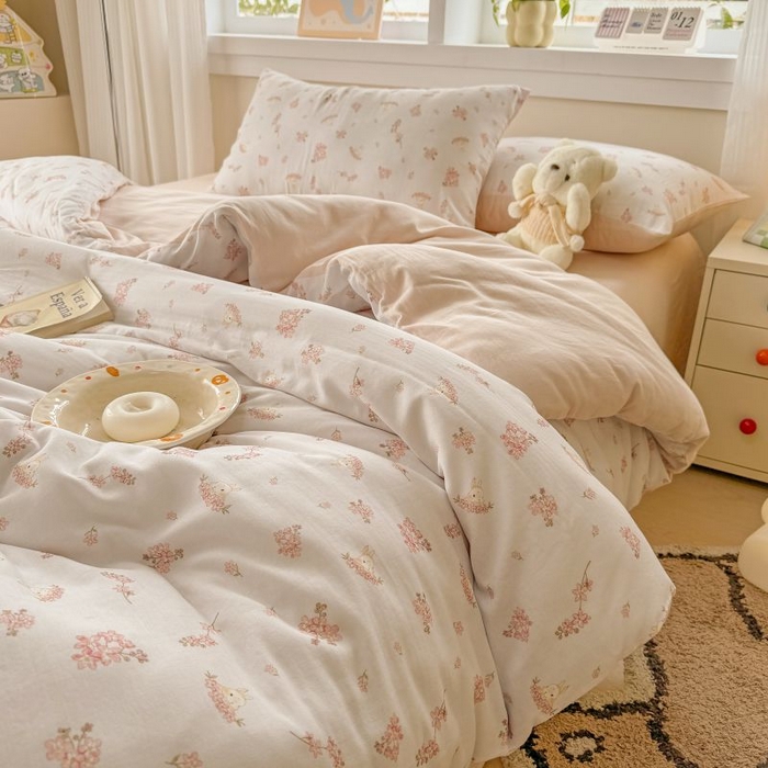 91家纺网 家纺一手货源 找家纺 2025新款40s全棉双层纱圆角吊边款四件套 初颜-粉