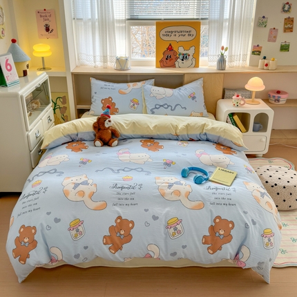 冕悠家纺 2025新款A类高克重糯叽叽超柔糯水洗棉印花四件套 小奶喵