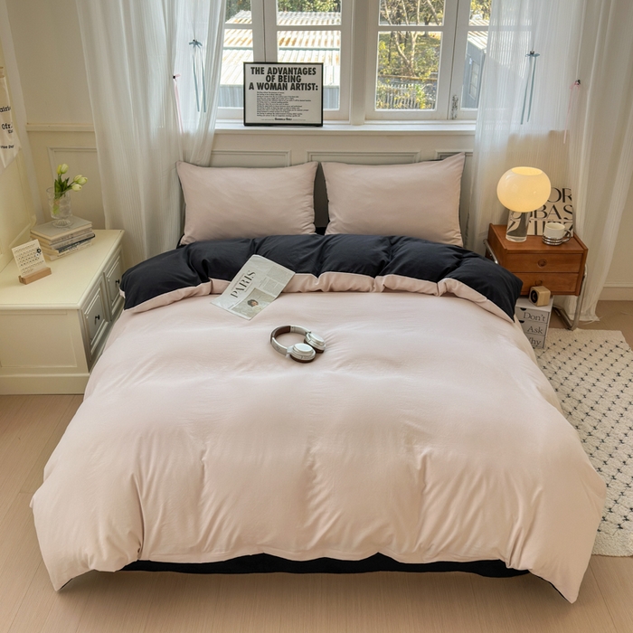 91家纺网 家纺一手货源 找家纺 冕悠家纺 2025新款A类105克超柔褶皱水洗棉拼色四件套 藕粉+高级黑