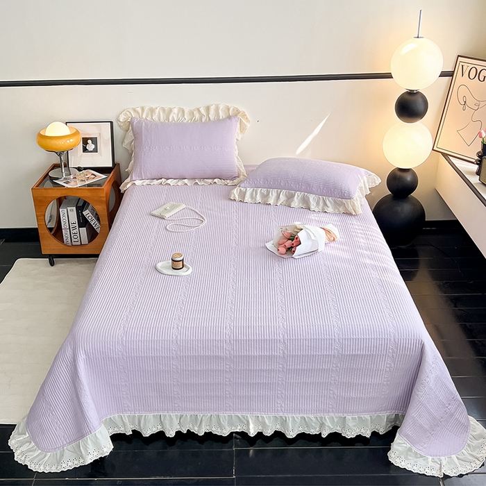 91家纺网 家纺一手货源 找家纺 沐纯家居 2025新款棉小乐花边床盖三件套 梦幻紫