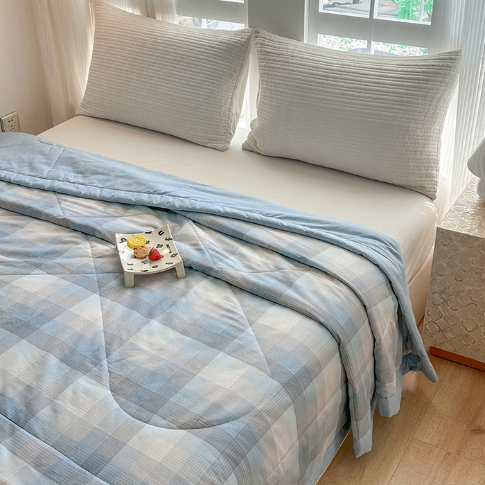 91家纺网 家纺一手货源 找家纺 瑜珠 2025新款A类双面全棉印花夏被夏凉被纯棉空调被 苏伦蓝