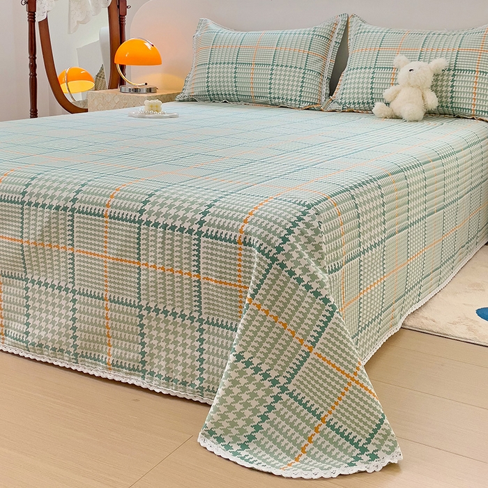 91家纺网 家纺一手货源 找家纺 梵克保罗 2025新款鱼骨棉老粗布凉席花边款床单三件套 千鸟格