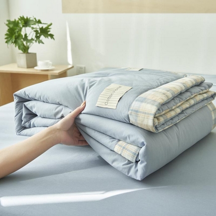 寐绸家纺 2025新款纯棉水洗棉格子边大豆纤维夏被四件套 格子边-浅蓝
