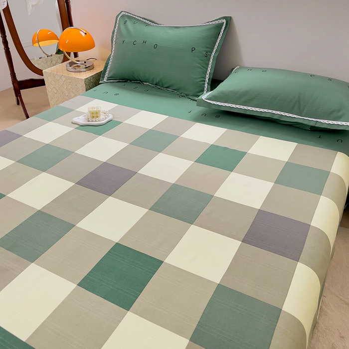 91家纺网 家纺一手货源 找家纺 梵克保罗 2025新款鱼骨棉老粗布凉席花边款床单三件套 宜家-绿