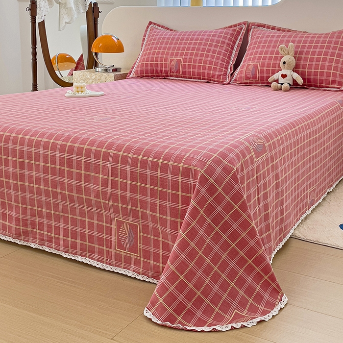 91家纺网 家纺一手货源 找家纺 梵克保罗 2025新款鱼骨棉老粗布凉席花边款床单三件套 格韵-粉