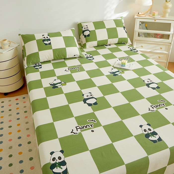 91家纺网 家纺一手货源 找家纺 绒艺席业 2025新款简约原棉印花老粗布床单 绿格熊猫