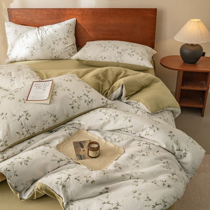 91家纺网 家纺一手货源 找家纺 2025新款40s全棉双层纱圆角吊边款四件套 叶初-绿