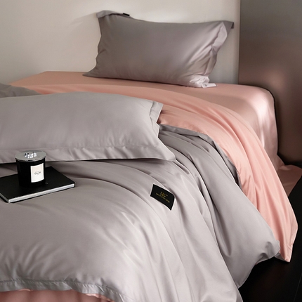 91家纺网 家纺一手货源 找家纺 梧桐树 2025新款60s长绒棉全棉纯色双拼系列单被套 单被套  银灰+粉