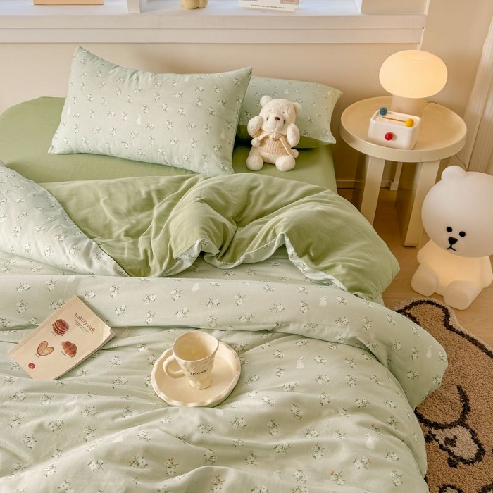 91家纺网 家纺一手货源 找家纺 2025新款40s全棉双层纱圆角吊边款四件套 白月光-绿