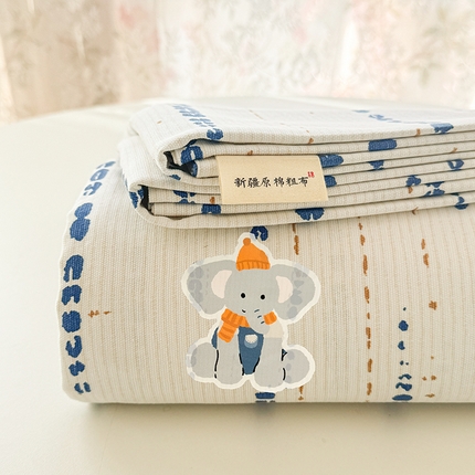 沐辰 2025春夏新款A类全棉纯棉老粗布烫画单品床单 床单单件 欢迎小象-蓝