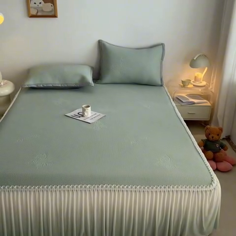 91家纺网 家纺一手货源 找家纺 （总）安哆啦家纺 2025新款凉感冰豆豆花边凉席三件套系列