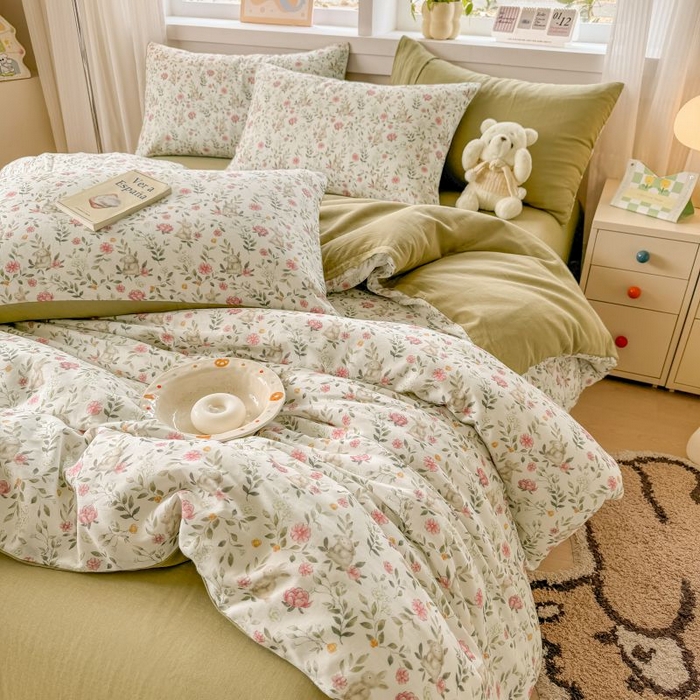 91家纺网 家纺一手货源 找家纺 2025新款40s全棉双层纱圆角吊边款四件套 仙女兔