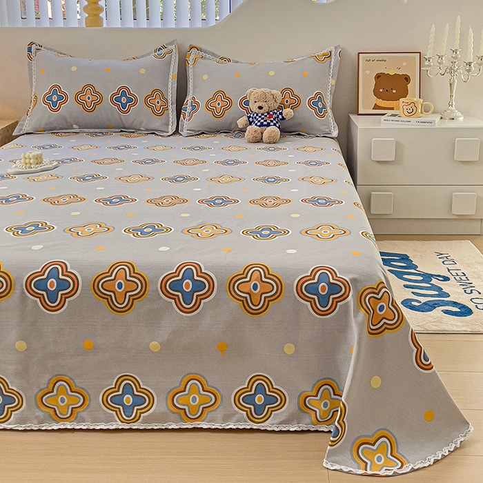 91家纺网 家纺一手货源 找家纺 梵克保罗 2025新款鱼骨棉老粗布凉席花边款床单三件套 四叶草-灰