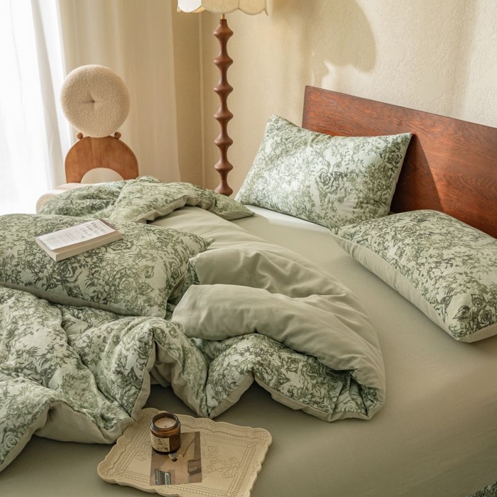 91家纺网 家纺一手货源 找家纺 2025新款40s全棉双层纱圆角吊边款四件套 莫奈-橄榄绿