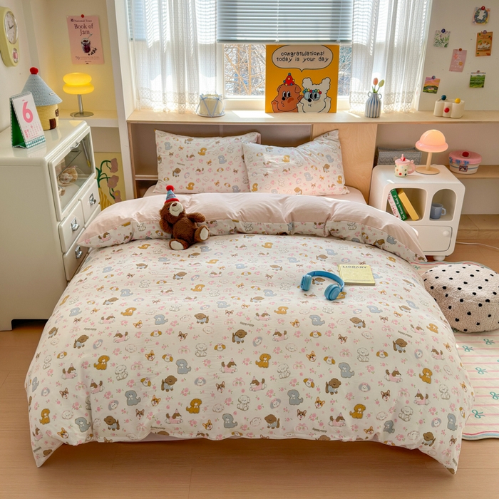 91家纺网 家纺一手货源 找家纺 冕悠家纺 2025新款A类高克重糯叽叽超柔糯水洗棉印花四件套 奶酪派对