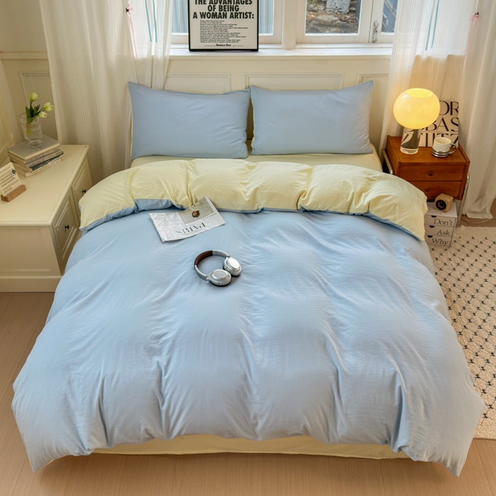 91家纺网 家纺一手货源 找家纺 冕悠家纺 2025新款A类105克超柔褶皱水洗棉拼色四件套-单被套 月白蓝+芝士黄