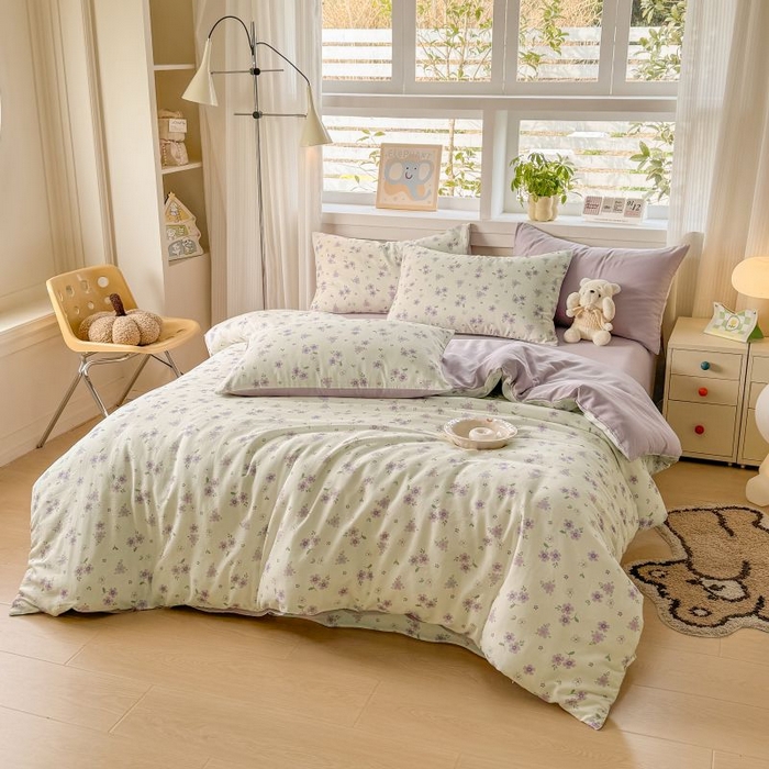 91家纺网 家纺一手货源 找家纺 2025新款40s全棉双层纱圆角吊边款四件套 浅梦-紫