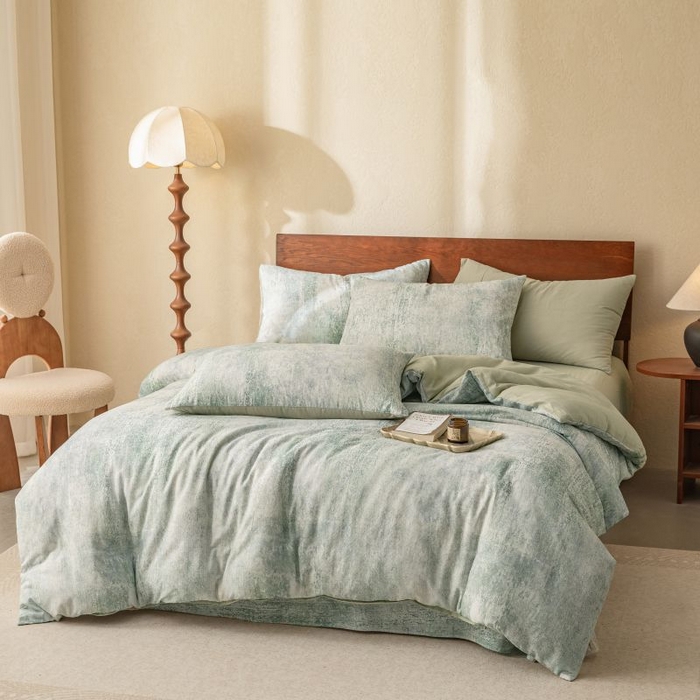 91家纺网 家纺一手货源 找家纺 2025新款40s全棉双层纱圆角吊边款四件套 浮生-灰绿