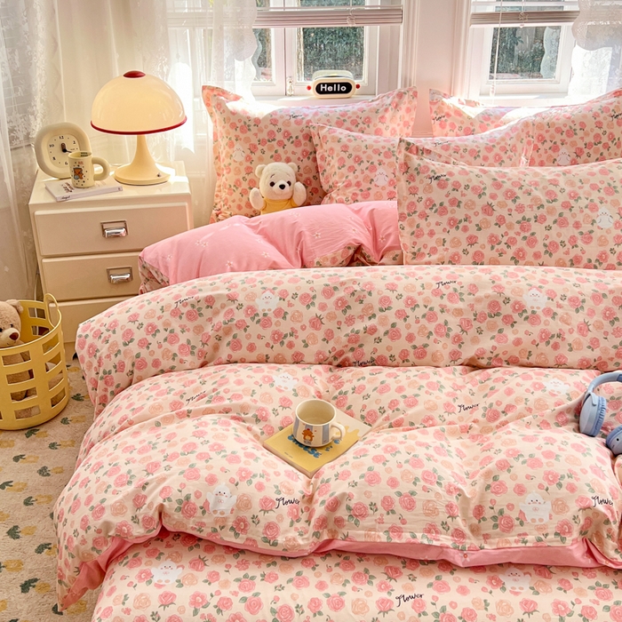 91家纺网 家纺一手货源 找家纺 世爵 2025新款全棉印花小清新套件系列-四件套 浓情玫瑰