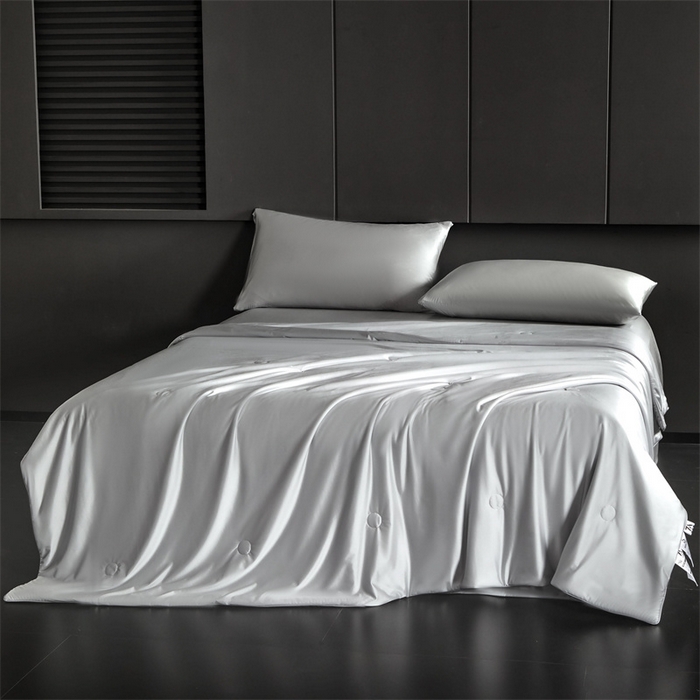 91家纺网 家纺一手货源 找家纺 雯豆家纺 2025夏季新品锦纶+氨纶高档冰丝凉感夏被空调被7A抗菌薄被芯 冰芙绸夏被-月光灰