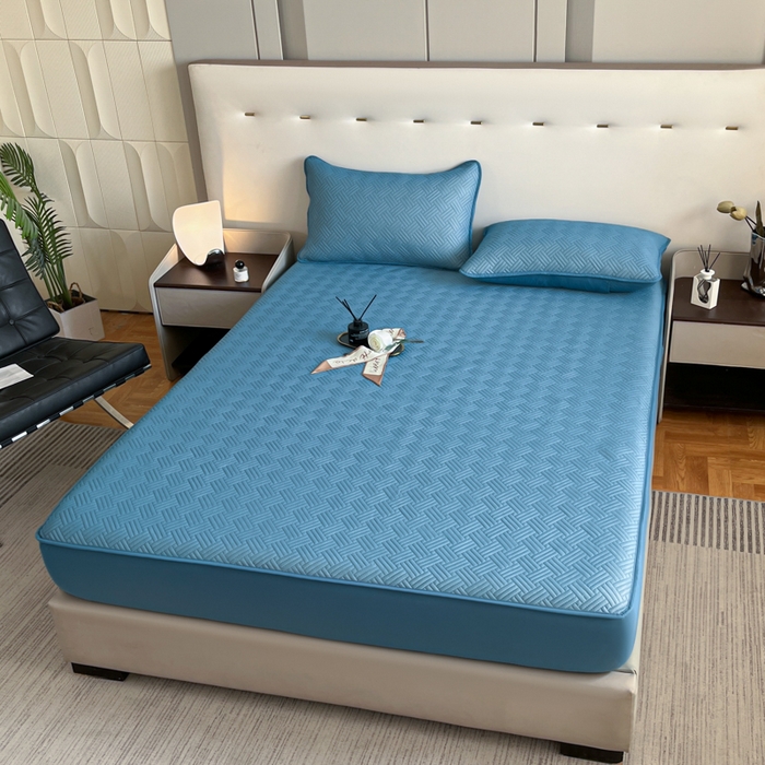 91家纺网 家纺一手货源 找家纺 梵克保罗 2025新款凉感丝床笠凉席三件套--饼干系列 蓝色