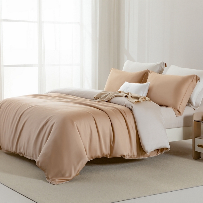 91家纺网 家纺一手货源 找家纺 121  2025新款60s支进口兰精天丝四件套-秋风QIUFENG系列（场景二） 薄暮咖