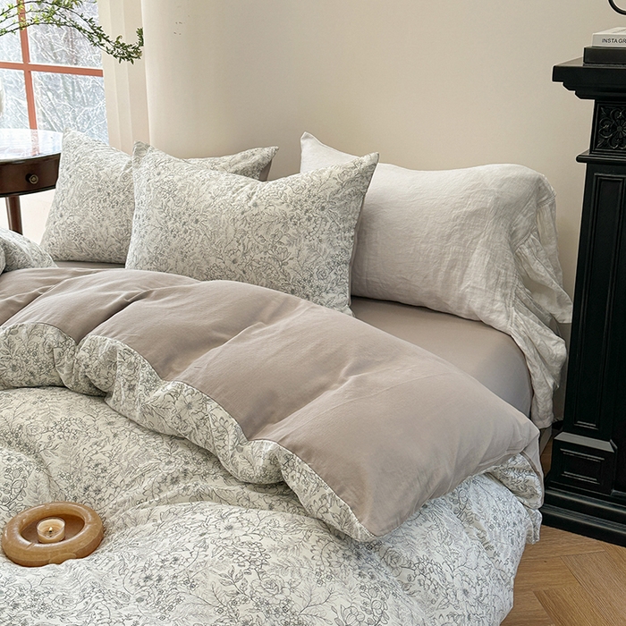 91家纺网 家纺一手货源 找家纺 时年家纺 2025新款全棉有氧双层纱四件套-碎花系列 潇潇暮雨