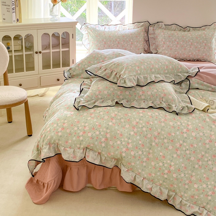 91家纺网 家纺一手货源 找家纺 仟网汇 2025新款赫本针织双层纱床盖四件套 春晴