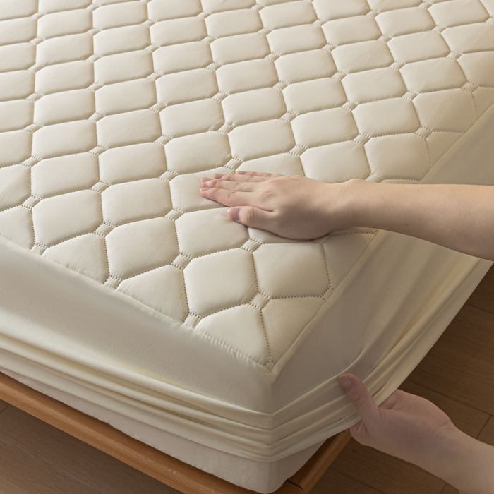 91家纺网 家纺一手货源 找家纺 梵克保罗 2025新款纯色加棉防水大豆纤维床笠 奶油白