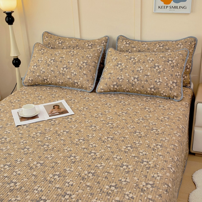 91家纺网 家纺一手货源 找家纺 情煊家纺 2025新款双面全棉夹棉床盖三件套 茶野