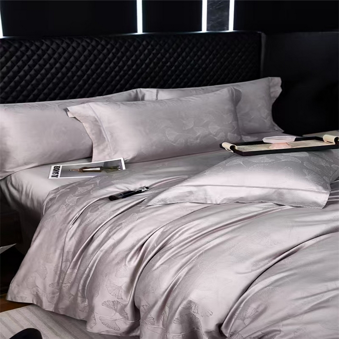 91家纺网 家纺一手货源 找家纺 优品阁 2024新款长绒棉贡缎提花--欧式轻奢提花系列叶叶情深-淡雅灰