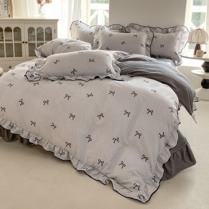 91家纺网 家纺一手货源 找家纺 仟网汇 2025新款赫本针织双层纱床盖四件套 小香风