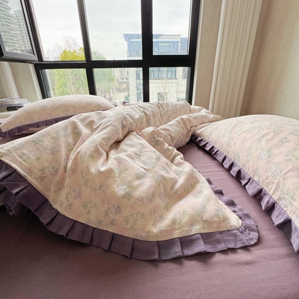 91家纺网 家纺一手货源 找家纺 8+8 （花型持续更新中）2025新款全棉双层纱镂空花边/皱皱花边四件套 艾薇