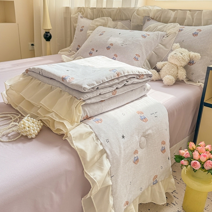 91家纺网 家纺一手货源 找家纺 芯贝儿 2025新款提花针织水洗m双层纱夏被四件套 可爱狗