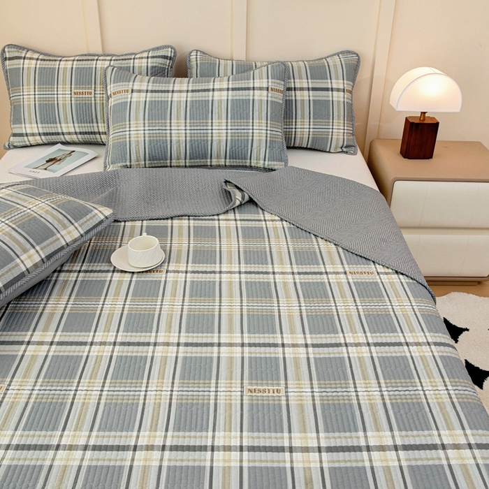 91家纺网 家纺一手货源 找家纺 情煊家纺 2025新款双面全棉夹棉床盖三件套 伯格灰