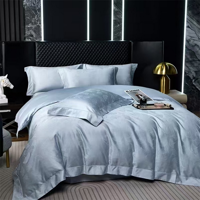 91家纺网 家纺一手货源 找家纺 优品阁 2024新款长绒棉贡缎提花--欧式轻奢提花系列叶叶情深-海洋蓝