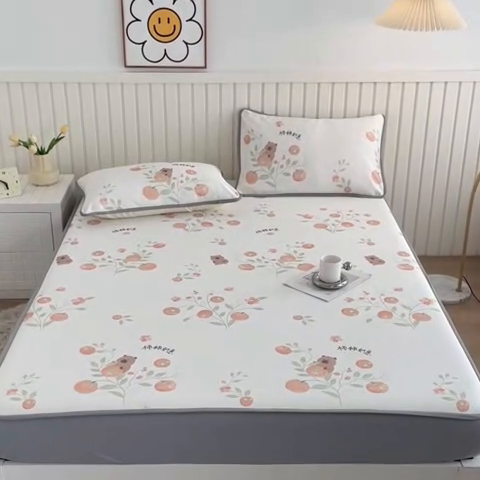 91家纺网 家纺一手货源 找家纺 卢赛尔 2025新款凉感丝提花凉席床笠款 柿柿如意