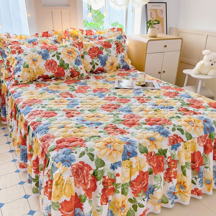 91家纺网 家纺一手货源 找家纺 2025新款全棉夹棉床裙 锦绣年华