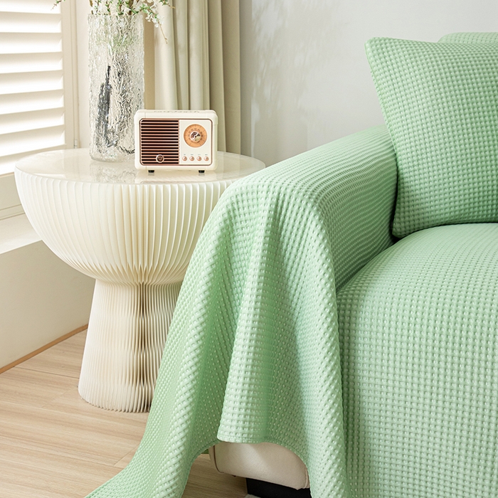 91家纺网 家纺一手货源 找家纺 沐沐家纺 2026新款冰豆豆华夫格沙发巾 绿色