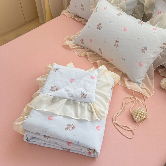 91家纺网 家纺一手货源 找家纺 芯贝儿 2025新款提花针织水洗m双层纱夏被四件套 萌宠